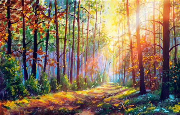 نقاشی رنگ روغن اصلی جنگل زیبا در پاییز منظره منظره با هنر زیبای دلپذیر آفتاب گرم
