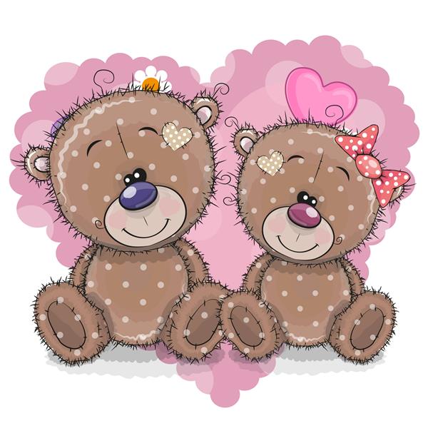 دو خرس کارتونی زیبا روی پس‌زمینه قلب