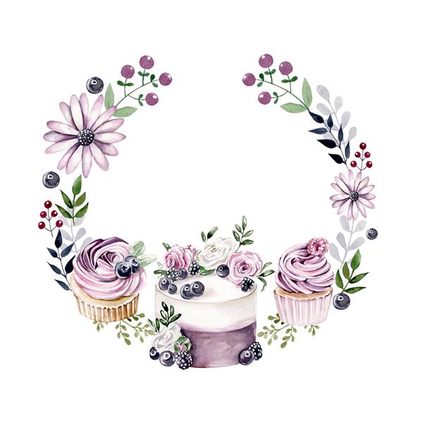 قاب گرد با آبرنگ با کیک کاپ کیک انواع توت ها و گل الگوی دعوتنامه کارت تولد عروسی کارت تبریک تاج گل با شیرینی قابل استفاده به عنوان لوگو