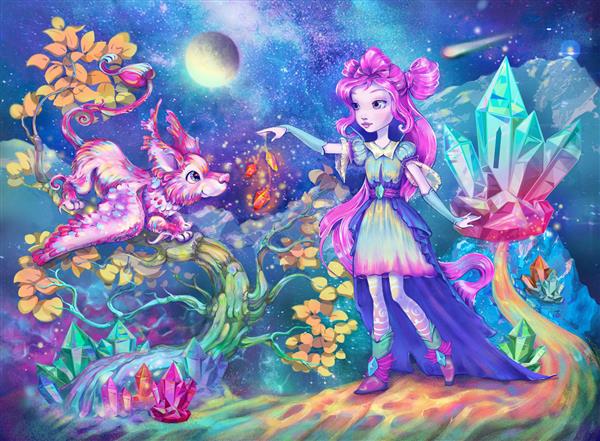 تصویر پری برای کودکان شاهزاده خانم جادویی کوچک در حال بازی با اژدهای حیوان خانگی خود آسمان قلعه کریستالی با پس زمینه ماه و ستاره