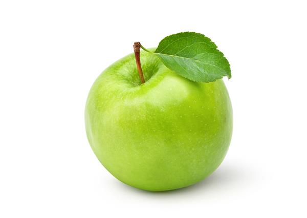 سیب سبز تازه با برگ سبز جدا شده در پس زمینه سفید مسیر برش