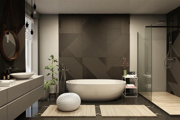 فضای داخلی حمام مدرن با دکوراسیون چوبی به سبک اکو رندر سه بعدی