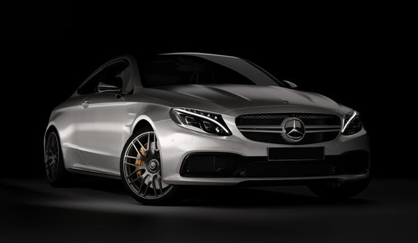 آلماتی قزاقستان - 05 مارس 2020 کوپه اسپرت لوکس MERCEDES C63S AMG در زمینه مشکی رندر سه بعدی