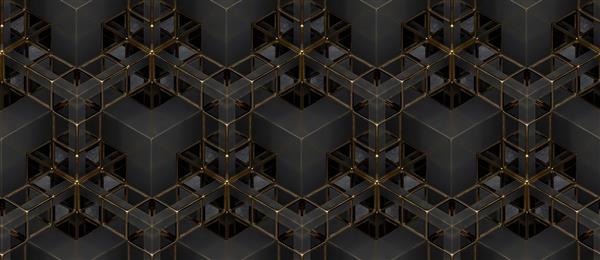 کاغذ دیواری سه بعدی که زنجیره ای از عناصر هندسی ساخته شده از فلز سیاه و سفید با لبه های ساییده شده طلایی را به تصویر می کشد بافت واقعی بدون درز با کیفیت بالا