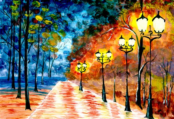 شب کوچه شهر پاییز منظره شهری پارک عصرانه نقاشی اکسپرسیونیسم اصلی پارک شبانه تنهایی آبی-نارنجی انتزاعی امپرسیونیسم هنرهای زیبا