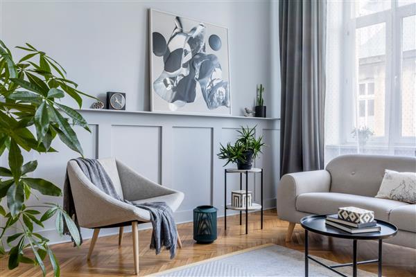فضای داخلی خانه شیک اتاق نشیمن اسکاندیناوی با مبل خاکستری طرح صندلی راحتی چهارپایه مرمری میز قهوه خوری مشکی نقاشی های مدرن دکوراسیون گیاه و لوازم شخصی ظریف در دکوراسیون منزل