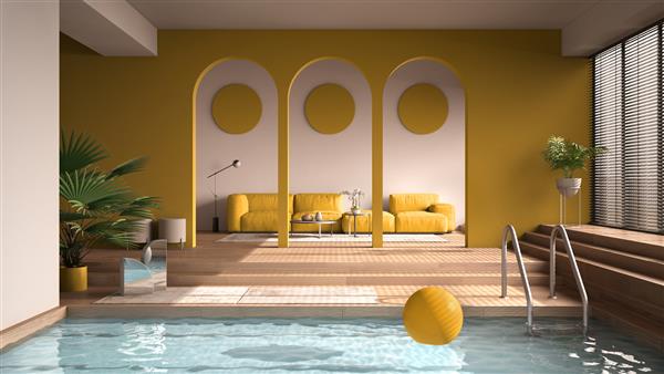 اتاق نشیمن رنگی مینیمالیستی در رنگ‌های زرد فضای باز با کف بلوط پارکت با پله‌ها طاق‌نماها مبل فرش و گیاهان گلدانی استخر شنا طراحی داخلی معاصر تصویر سه بعدی