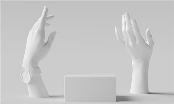 مجسمه سفید با ژست دست زن پس زمینه جواهرات هنری لوازم جانبی زن دستان مانکن و تریبون نمایش محصول رندر سه بعدی
