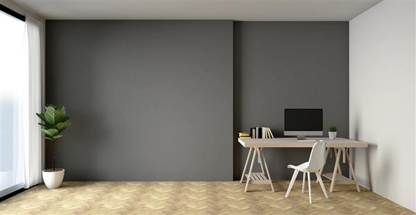 رندر سه بعدی داخلی اتاق نشیمن دنج کار از راه دور و کار از خانه به عنوان یک دفتر یک روند جدید کسب و کار است دفتر خانه مکانی امن برای کار است
