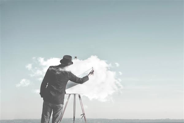 مرد سورئال نقاشی ابر روی بوم مفهوم خلاقیت