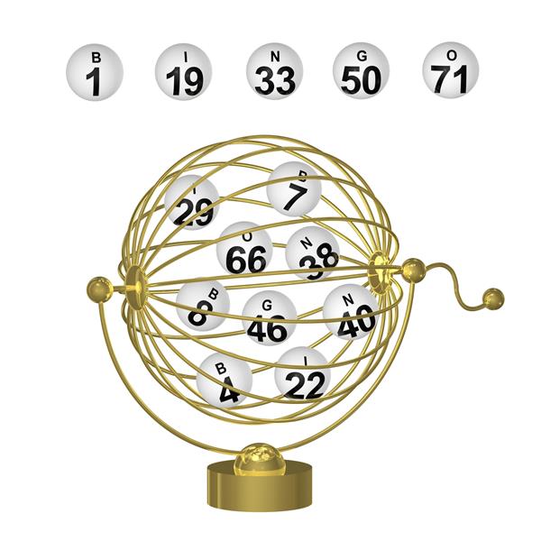 توپ های یکنوع بازی شبیه لوتو با اعداد مشکی در قفس سیمی طلایی گرد با دسته روی زمینه سفید