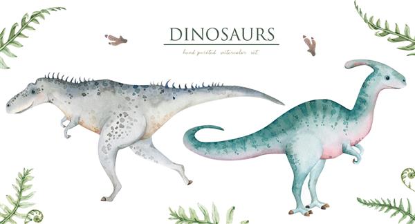 دایناسورهای بامزه با آبرنگ نقاشی شده روی پس زمینه سفید این تصویر برای ایجاد کارت پستال پارچه های چاپ شده بسته بندی و طراحی DIY عالی است