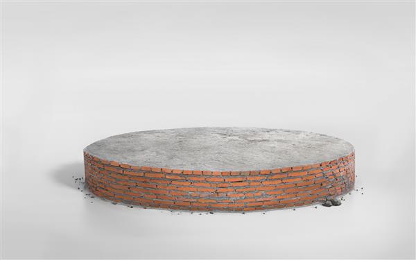 تریبون آجری رندر سه بعدی جدا شده در فضای نمایشگاهی گرد کف بتنی در مرحله برش دایره ای در پس زمینه سفید