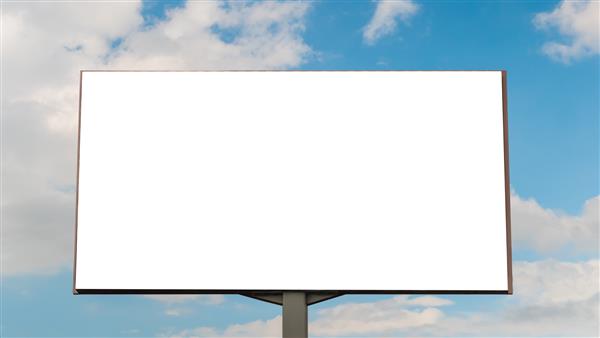 تصویر ماکت - بیلبورد سفید خالی یا نمایشگر تبلیغاتی بزرگ و ابرهای سفید در برابر آسمان آبی - نمای روبرو مصرف گرایی ماکت تبلیغات صفحه سفید جدا شده الگو مفهوم فضای کپی