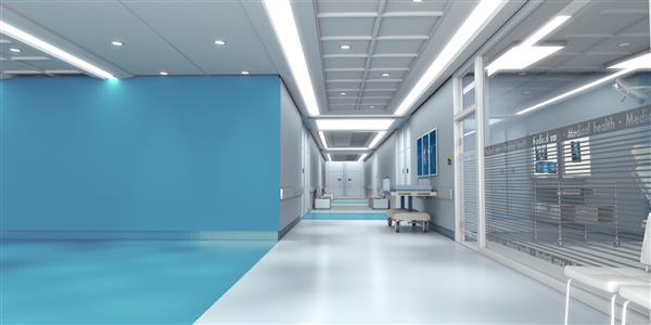 رندر سه بعدی از فضای داخلی بیمارستان با فضای کپی زیاد