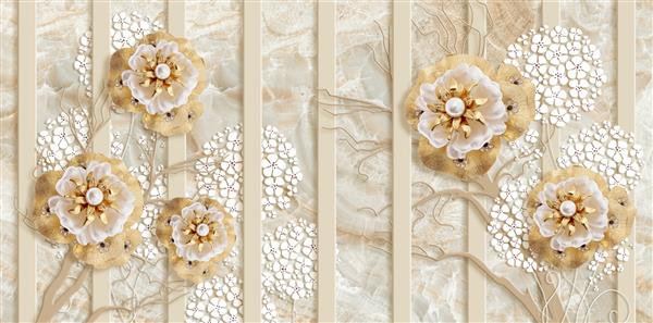 کاغذ دیواری سه بعدی گل های جواهرات طلا راه راه های عمودی در زمینه سنگ مرمر پس زمینه سه بعدی جشن