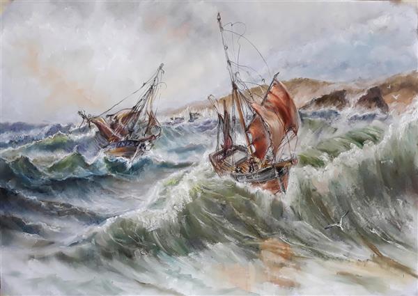 یک سری کشتی منظره دریا نقاشی با پاستل کشتی های بادبانی در طوفان نجات در خشکی