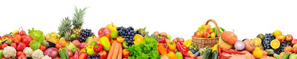 عکس پانوراما گسترده از میوه ها سبزیجات انواع توت ها برای چیدمان جدا شده در پس زمینه سفید