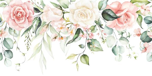 حاشیه بدون درز آبرنگ - تصویر با گل‌های روشن صورتی روشن برگ‌های سبز برای لوازم عروسی تبریک کاغذ دیواری مد پس‌زمینه بافت DIY بسته‌بندی کارت