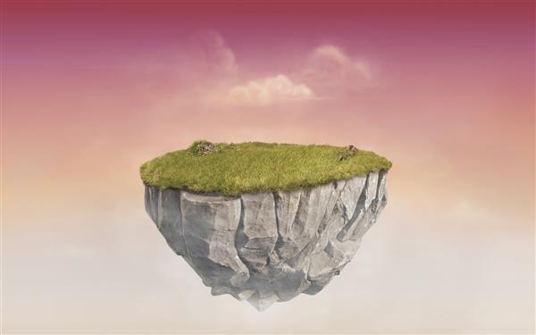 جزیره شناور صخره‌ای سه‌بعدی با زمین چمن سبز سوررئالیسم رندر سه‌بعدی زمین سنگی شناور جدا شده در عصر صورتی سورئال
