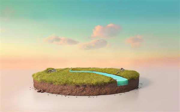 رندر سه بعدی دایره ای فانتزی زمین چمن سکو با رودخانه تصویر سه بعدی سورئال مقطع بریده خاک گرد جدا شده در آسمان غروب فیروزه ای پاستلی