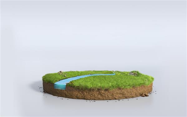 زمین چمن سکوی دایره ای فانتزی رندر سه بعدی با رودخانه تصویر سه بعدی سورئال مقطع بریده خاک گرد جدا شده در پس زمینه سفید
