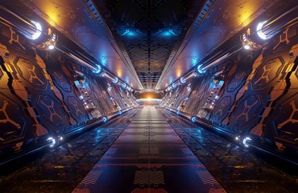 فضای داخلی سفینه فضایی آینده نگر نارنجی و آبی با نمای پنجره در سیاره زمین عناصر رندر سه بعدی این تصویر ارائه شده توسط ناسا