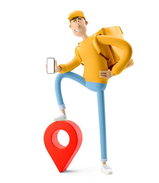 تحویل‌دهنده که تلفنی با لباس زرد در دست دارد کیسه بزرگ و سنجاق قرمز را در دست دارد تصویر سه بعدی شخصیت کارتونی