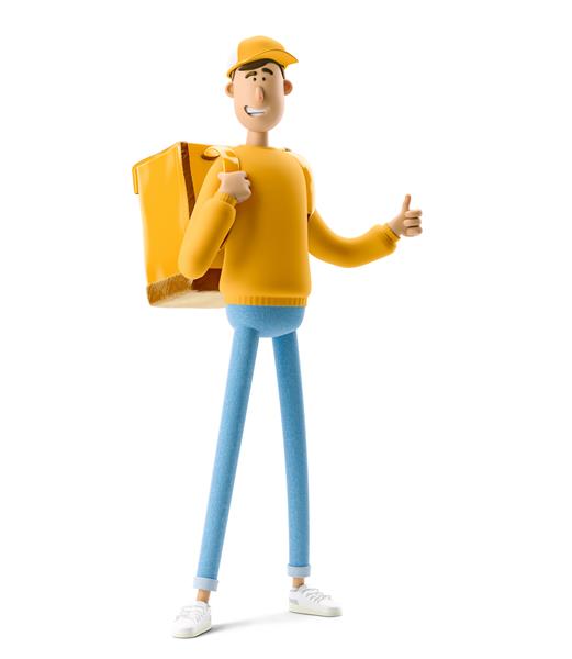 تحویل‌دهنده با لباس زرد با کیسه بزرگ ایستاده است تصویر سه بعدی شخصیت کارتونی