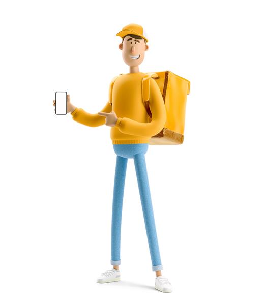 تحویل‌دهنده با یونیفرم زرد با کیف بزرگ و تلفن ایستاده است تصویر سه بعدی شخصیت کارتونی مفهوم تحویل آنلاین