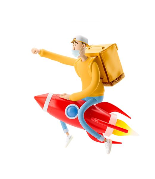 مامور تحویل با ماسک پزشکی و یونیفرم زرد با سفارش فوری روی موشک پرواز می کند تصویر سه بعدی شخصیت کارتونی مفهوم تحویل سریع