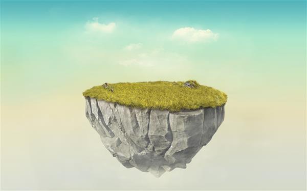 جزیره شناور صخره‌ای سه‌بعدی با زمین چمن سبز سوررئالیسم رندر سه‌بعدی زمین سنگی شناور جدا شده در گرگ و میش سورئال فیروزه‌ای