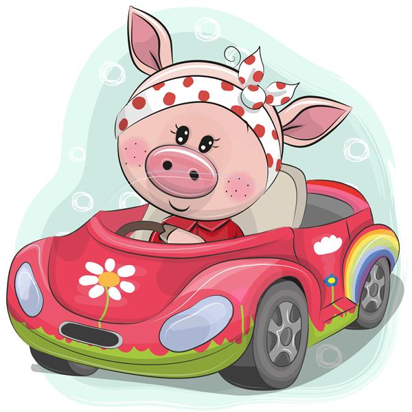 کارتونی ناز Piggy Girl سوار ماشین صورتی می شود