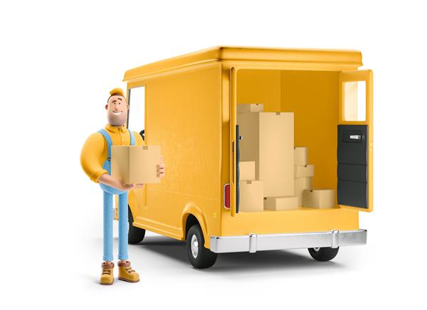ماشین زرد کارتونی با شخصیت راننده خدمات باربری و حمل و نقل تصویر سه بعدی