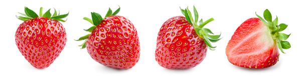 توت فرنگی جدا شده توت فرنگی با ایزوله برگ کامل و نصف توت فرنگی روی سفید توت فرنگی ایزوله مجموعه توت فرنگی نمای جانبی