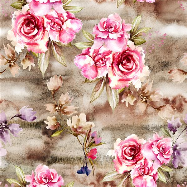 نقاشی با آبرنگ با دست پرنعمت طراحی گل های رز صورتی برگ در باغ در زمینه قهوه ای بدون درز برای استفاده در طراحی پارچه کاغذ دیواری کاغذ بسته بندی لوازم التحریر