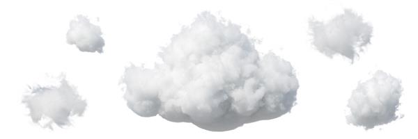 رندر سه بعدی ابرهای سفید کرکی انتزاعی جدا شده در پس زمینه سفید نماد پیش بینی آب و هوا مجموعه ست کلیپ آرت کومولوس مجموعه عناصر طراحی آسمان