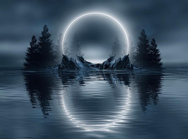 جنگل آینده نگر سرد تاریک صحنه دراماتیک با درختان ماه بزرگ مهتاب دود سایه دود برف انعکاس چشم انداز جنگل شب در رودخانه دریا اقیانوس تصویرسازی سه بعدی