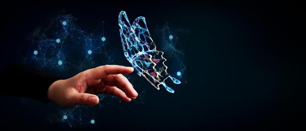 تصویر سه بعدی انتزاعی مفهوم کسب و کار فناوری آینده را با تبدیل پروانه و دست انسان تغییر می دهد
