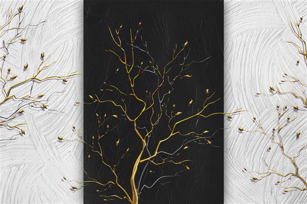 تصویر سه بعدی کاغذ دیواری زیبا درخت طلایی چیده شده زیبا در زمینه بافت سفید و سیاه