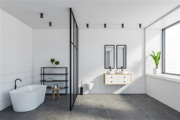 فضای داخلی حمام مدرن با دیوارهای کاشی کاری سفید وان راحت سینک دو نفره با دو آینه و توالت منظره شهری تار رندر سه بعدی