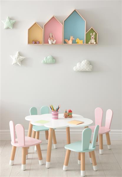 قفسه های خانه شکل و میز کوچک با صندلی در اتاق کودکان طراحی داخلی