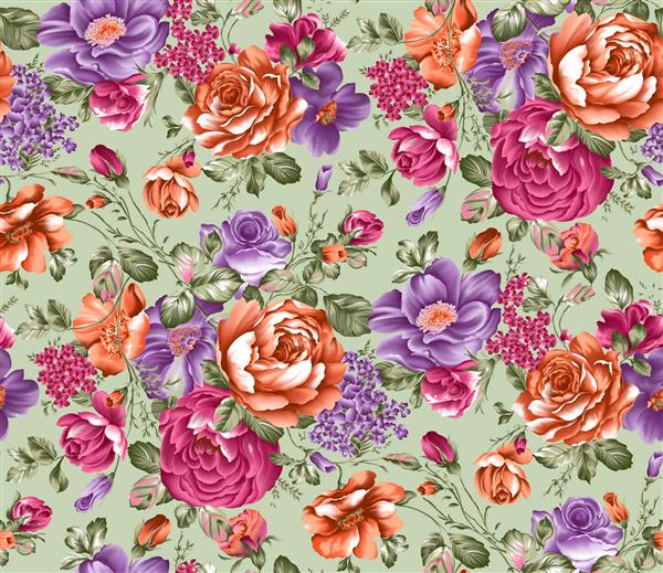 گل های رز رنگارنگ آبرنگی بدون درز با الگوی باغچه دسته گل برگ در پس زمینه پیستا الگوی تابستانی