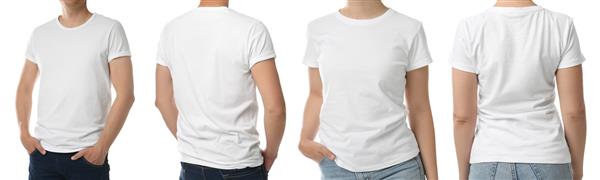 زن و مرد با تی شرت در پس زمینه سفید نزدیک ماکت برای طراحی