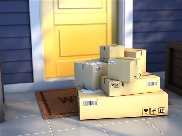 مفهوم خدمات تحویل خرید آنلاین جعبه بسته مقوایی خارج از درب تحویل داده می شود بسته های روی تشک درب نزدیک درب ورودی رندر سه بعدی