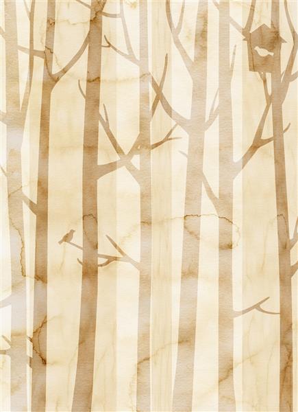 سایه های تزئینی درختان با پرنده و خانه پرنده بافت کاغذی قدیمی رنگ های قهوه ای روشن