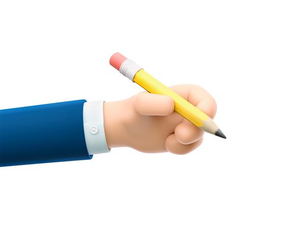 دست شخصیت تاجر کارتونی که یک مداد بزرگ زرد در دست دارد تصویر سه بعدی