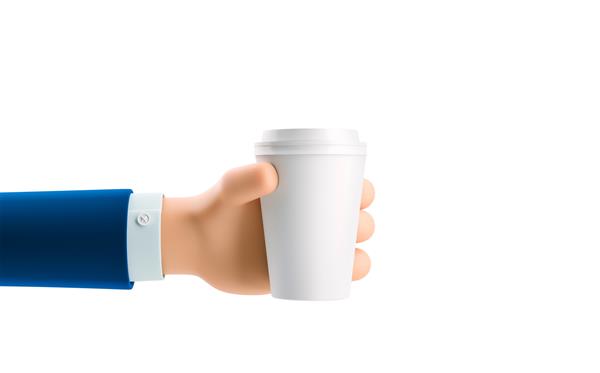 دست شخصیت تاجر کارتونی لیوان کاغذی با قهوه را در دست دارد تصویر سه بعدی