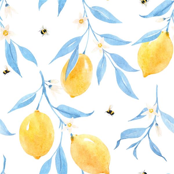 الگوی بدون درز زیبا با لیموهای آبرنگ و برگ های آبی طراحی شده با دست تصویر سهام
