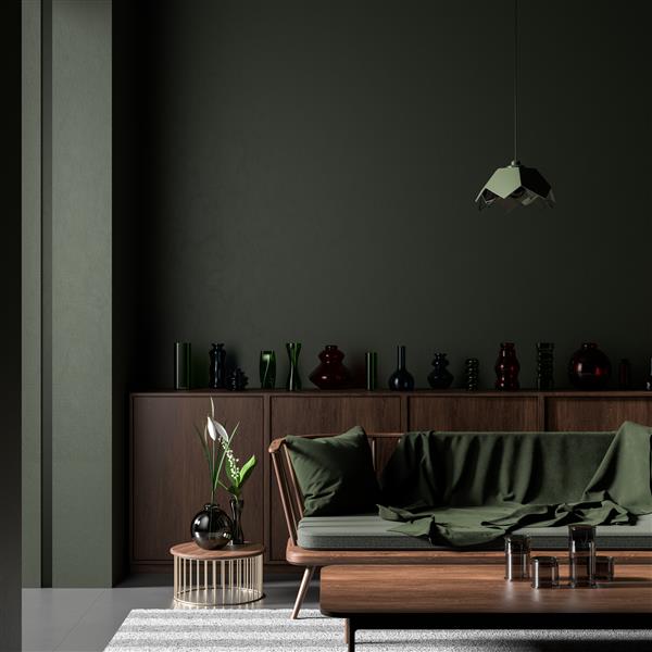 فضای داخلی تاریک به سبک مدرن با مبلمان چوبی طراحی داخلی مینیمالیستی با فضای متن تصویرسازی سه بعدی